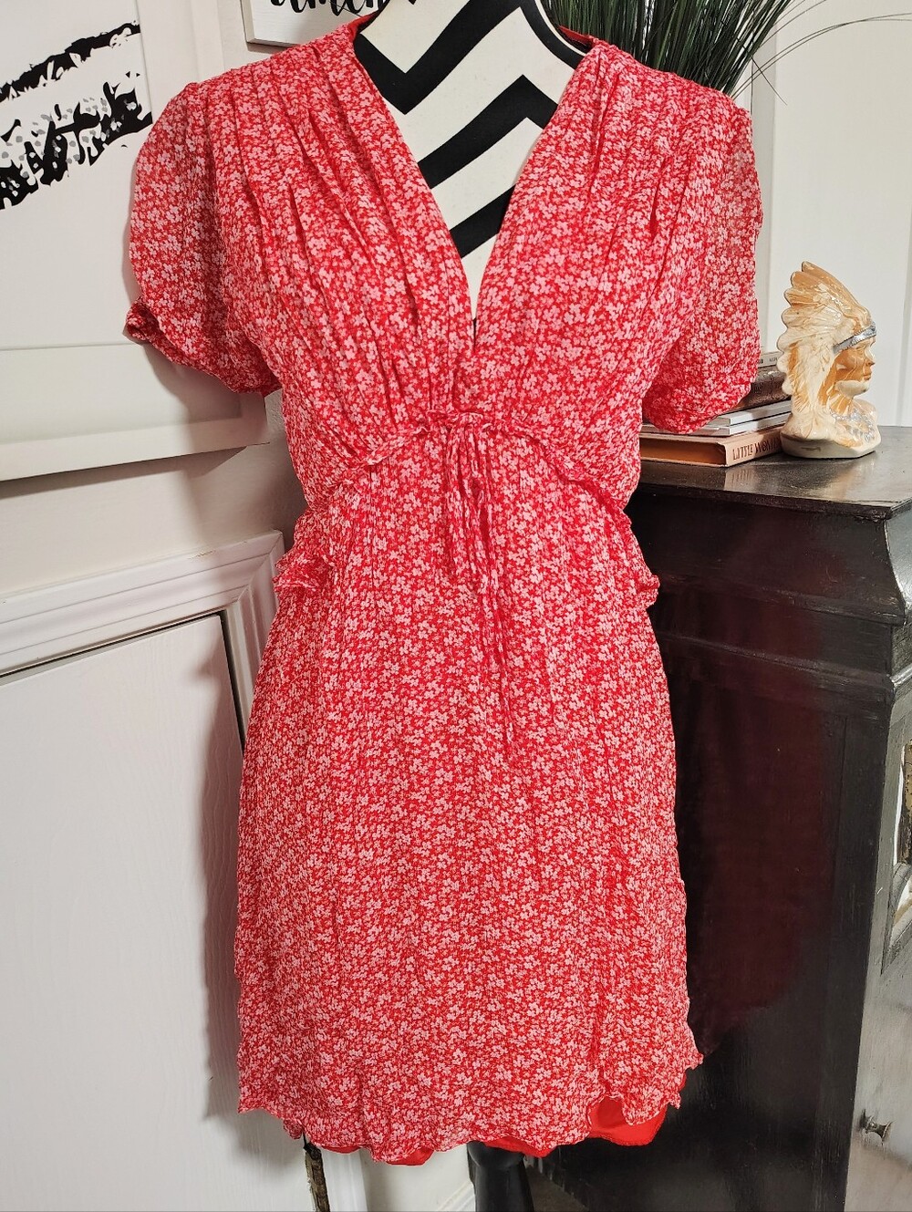 The Kooples Red Ditsy Floral Mini Dress Women's Large Coquette Scandigirl Preppy - Picture 5 of 12